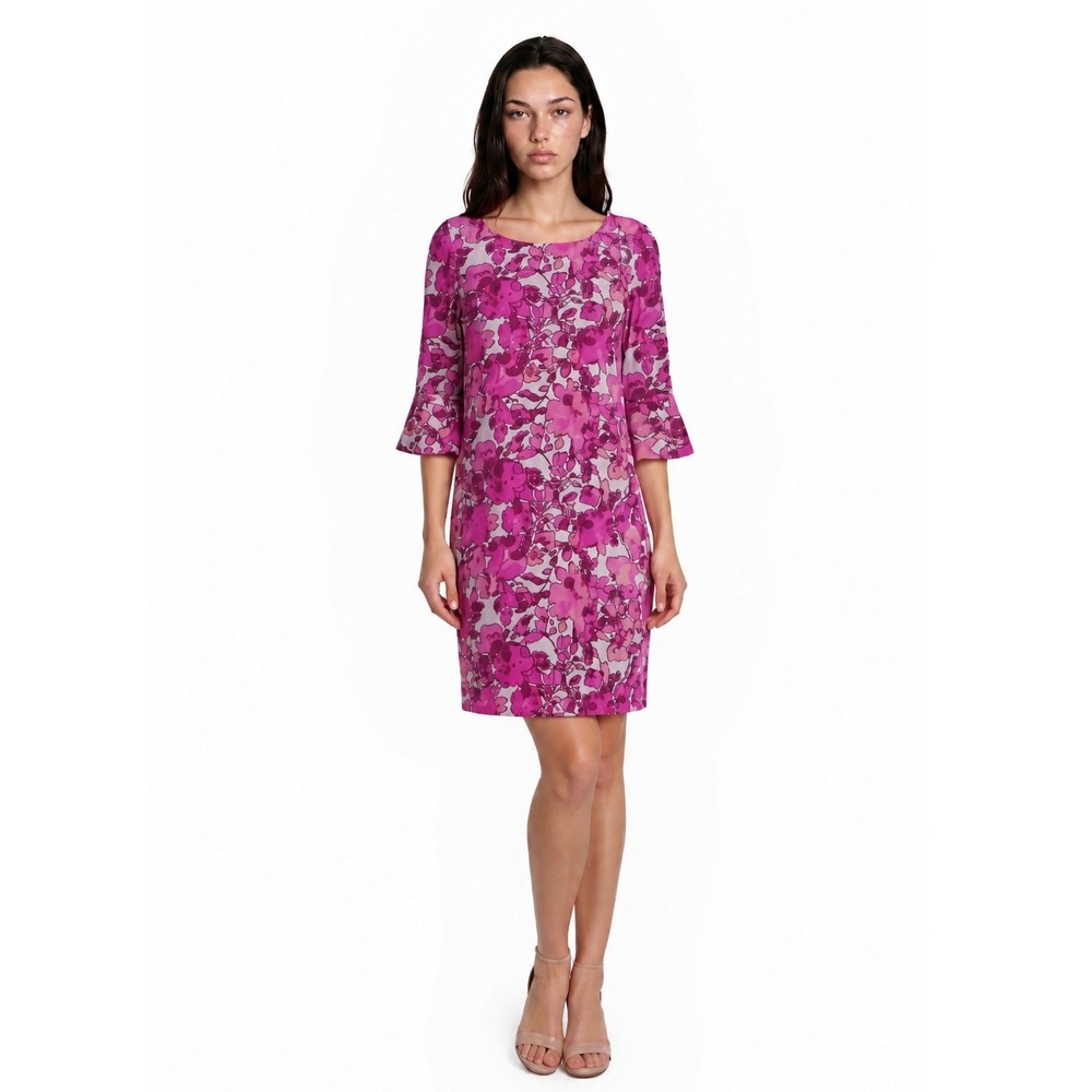 Pappagallo Floral Dress Women's Size Large Pink Purple Ruffle Sleeve Boat Neck
